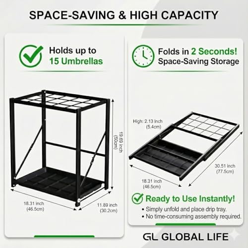 Folding Umbrella Stand Rack with Drip Tray, 15-Umbrella Storage Organizer