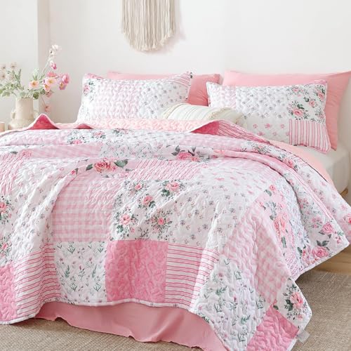 YIKUSH Pink Floral Quilt Set Queen Size - 3 Piece Lightweight Bedspread