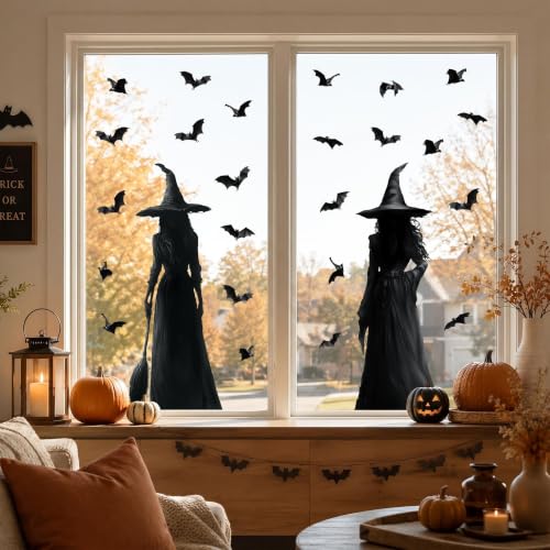 Halloween Window Clings - 3pcs Dark Witch & Bat Decor