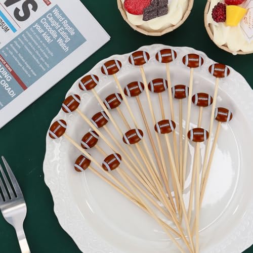 KINYFY Football 3D Cocktail Picks - 100 Long Bamboo Toothpicks for Party Decorations