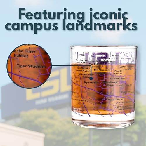 Louisiana State University Tigers Whiskey Glasses Set of 2 - Full-Color Campus Map, 10 oz Rocks Glasses - Officially Licensed Fan Gift