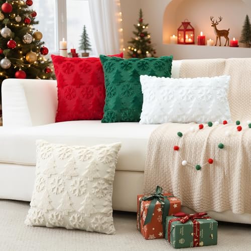 OTOSTAR 2-Pack 16x16 Inch Christmas Tree Snowflake Throw Pillow Covers - Faux Fur Green