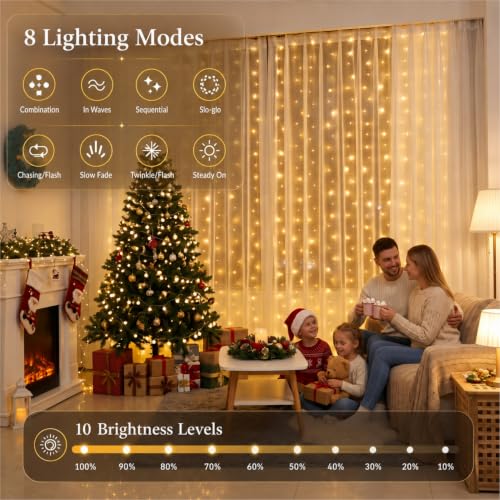 300 LED Fairy Curtain Lights - 9.8x9.8ft USB Hanging String Light with Remote