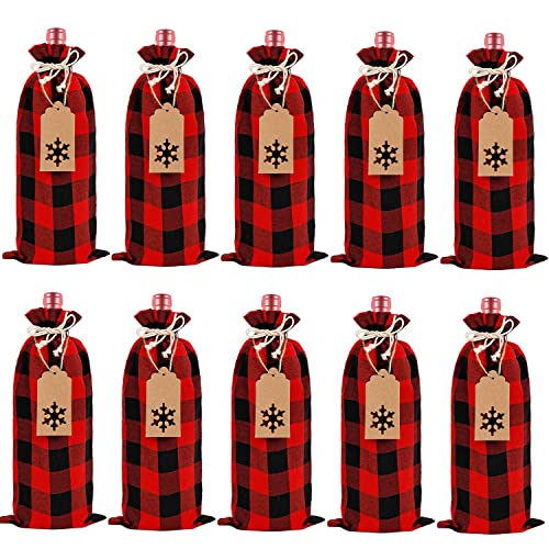 SULOLI 12-Piece Christmas Burlap Wine Bags with Drawstring, 24 Gift Tags & 16.4 ft Rope—Buffalo Plaid