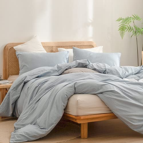 100% Washed Cotton Duvet Cover Set - Queen, Cornflower Blue (3-Piece)