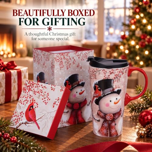 Topadorn 17oz Ceramic Travel Mug with Lid - Snowman Cardinal Christmas Coffee Cup
