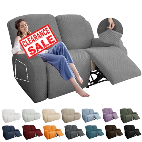 Stretch Loveseat Recliner Slipcover - 6 Piece Jacquard Cover, Light Gray