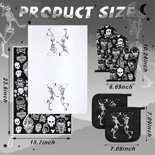6-Piece Halloween Skeleton Kitchen Set: Oven Mitts, Pot Holders, Dish Towels