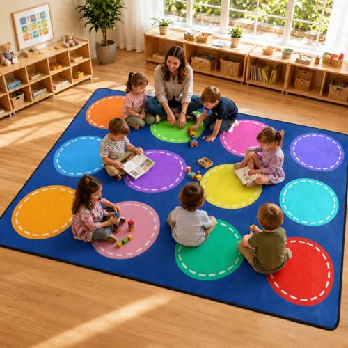 5x7 Ft Kids Classroom Seating Rug - Colorful Circle Non-Slip Play Mat