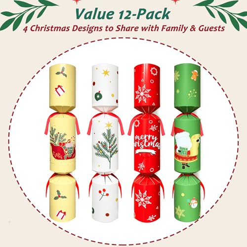 12-Pack Non-Snap Christmas Crackers with Hat Joke & Surprise Gifts - Holiday Party Favors