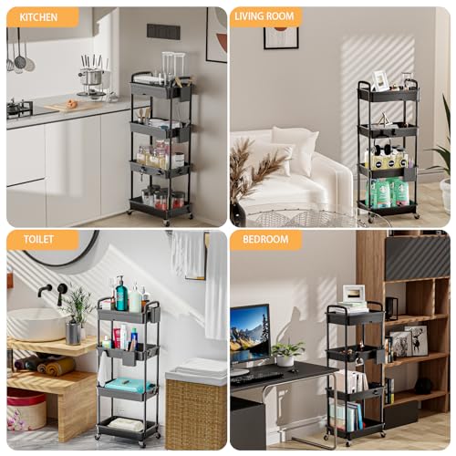 4-Tier Rolling Utility Cart with Drawer, Mobile Organizer Shelf - Black