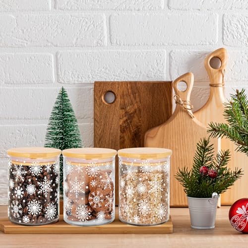 Christmas Snowflake Glass Storage Jars with Airtight Bamboo Lids – 3-Piece Candy & Cookie Canisters