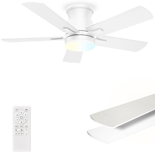 Flush Mount Ceiling Fans with Lights 42 Inch, Remote Control, 3CCT Dimmable, 6 Speeds, Noiseless Reversible DC Motor, Low Profile Hugger White Ceiling Fan for Living Room, Patio, Indoor/Outdoor, ETL
