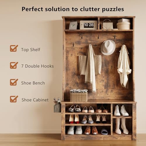 5-in-1 Entryway Hall Tree with Storage Bench and Coat Rack, Rustic Brown
