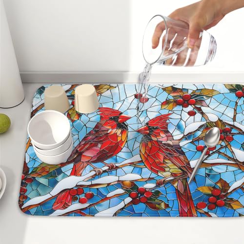 Christmas Bird Dish Drying Mat 24x18 Blue Glass | Roverantic Microfiber