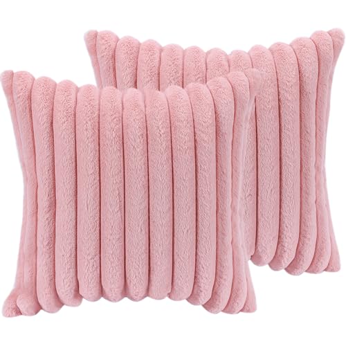 Pink Faux Fur Throw Pillow Covers 18x18, Set of 2 Soft Fluffy Cushion Cases