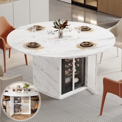 47-Inch Round Faux Marble Dining Table with Storage Cabinet and Fridge Space
