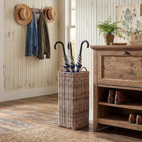 Rattan Umbrella Stand with Drip Tray - 20.5-Inch Tall Entryway Basket
