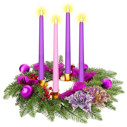 Christmas Advent Wreath with 4 LED Candles - 15.7-inch Centerpiece