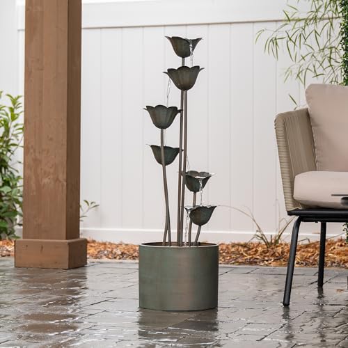 35-Inch Tall Metal Sculptural Multi-Tier Water Fountain for Indoor & Outdoor