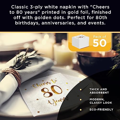 Cheers to 80 Years Cocktail Napkins - Gold Foil 80th Birthday Party Supplies