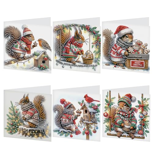Antor 6-Pack Squirrel Christmas Diamond Painting Cards - DIY Rhinestone Holiday Greeting Set