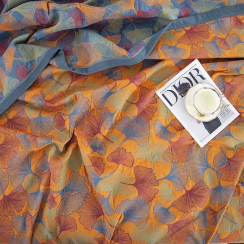 100% Cotton Muslin Blanket - Reversible Ginkgo Leaves Quilt, Queen