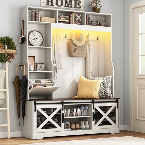 Large LED Farmhouse Hall Tree with Entryway Bench and Shoe Storage
