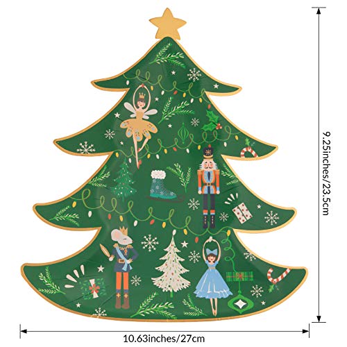 Whaline Green Xmas Tree Shape Paper Plates, 40 pcs, Gold Foil Nutcracker Holiday Party Dinnerware