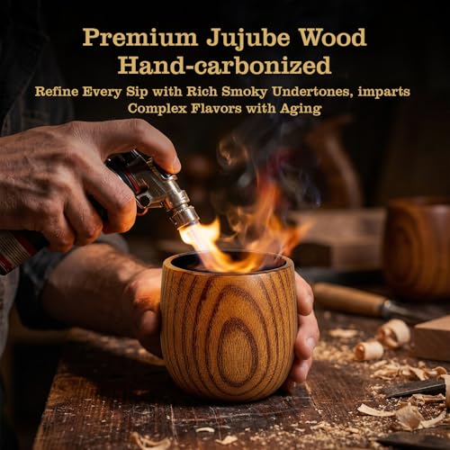 Charred Wooden Whiskey Cup Gift Set with Stainless Steel Ice Balls and Tongs