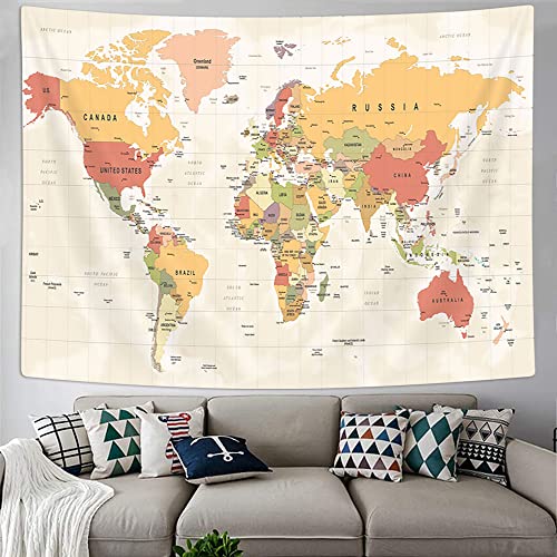 Topographic World Map Tapestry - Beige Fabric Wall Hanging (40x30 in)