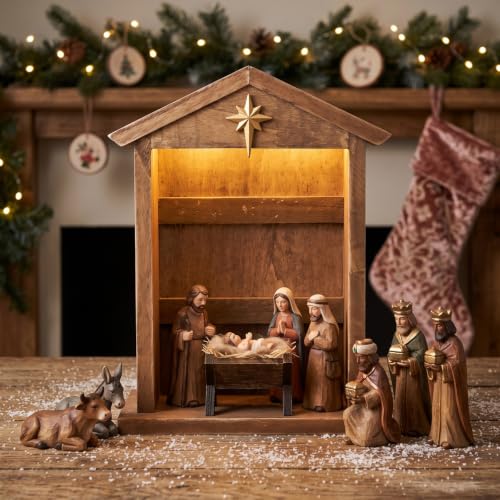Wesiti Lighted Wooden Nativity Manger with Roof Star - Christmas Scene Decor