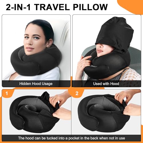 Hooded Memory Foam Travel Neck Pillow Set with Eye Mask & Earplugs