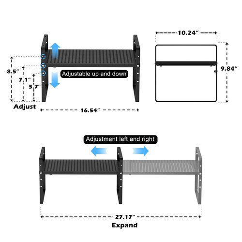 MIYUPTC Expandable Kitchen Cabinet Shelf Organizers, Stackable Metal Pantry Storage Shelves Rack, Adjustable Counter Spice Shelf for Cabinets, Countertop, Cupboard, 2 Pack, Black