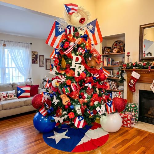 Irenare Puerto Rico Christmas Tree Decor Kit with Flag Skirt & Toppers, 35.4 Inch