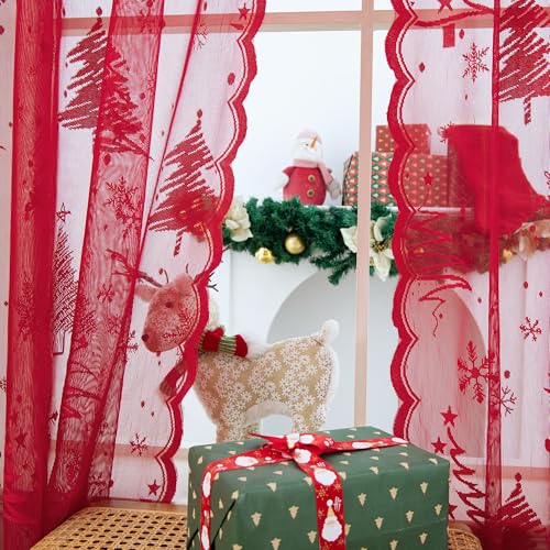 KYMRose 52x95 Inch Christmas Lace Curtains 2 Panels Red Tree Weave Rod Pocket
