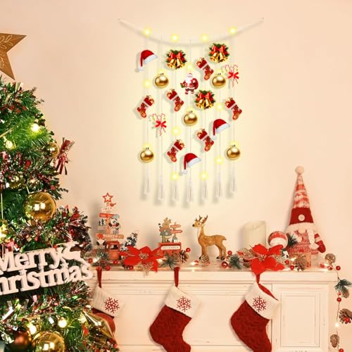 Macrame Hanging Photo Display with Fairy Lights and 30 Clips, Boho Wall Decor
