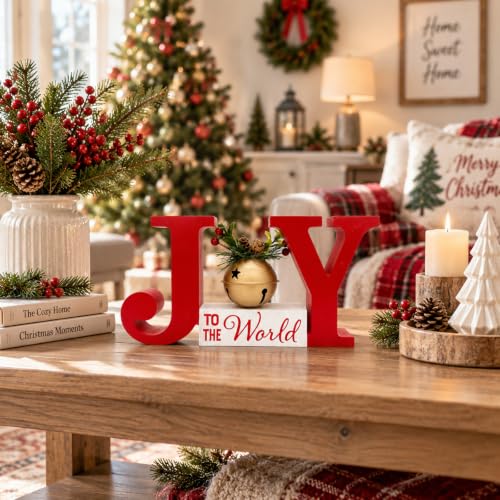 Joy to the World Wooden Christmas Decor Sign with Bell, Farmhouse Red