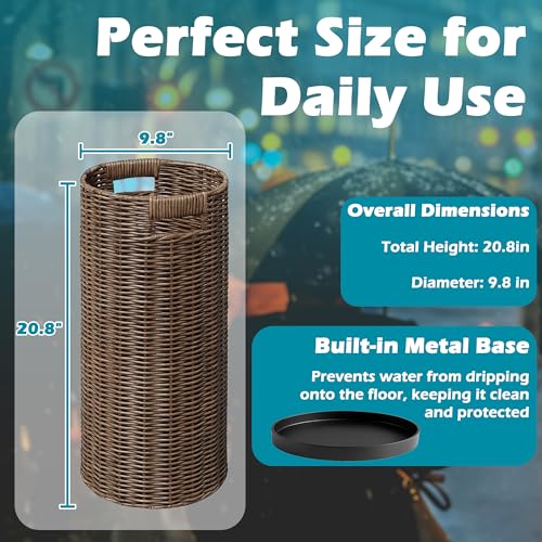 Handwoven Rattan Umbrella Stand with Drip Tray - 21-Inch Entryway Holder