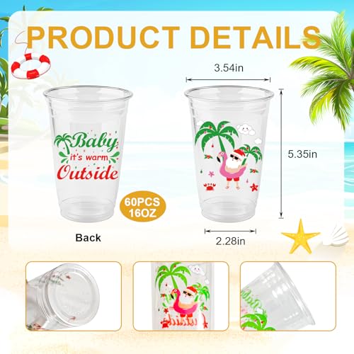 Christmas July Plastic Cups 16 oz Disposable Party Cups 60 Pack - Santa Flamingo Beach Design