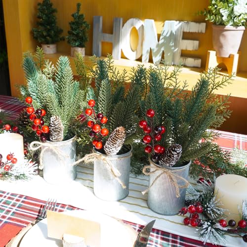 Winlyn 3-Pack Artificial Christmas Potted Plants - Rustic Holiday Decor