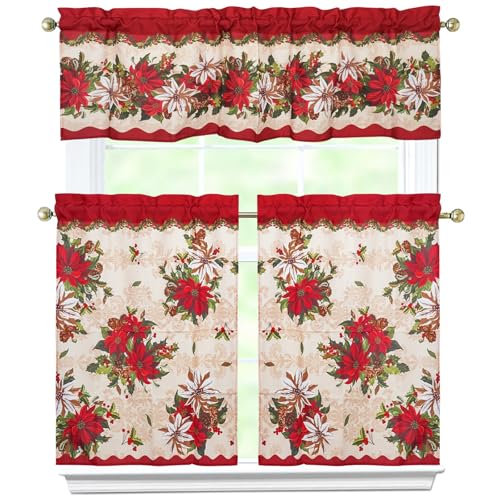 Red Christmas Flower Kitchen Curtains Set - Holiday Plaid & Snowflake Valances