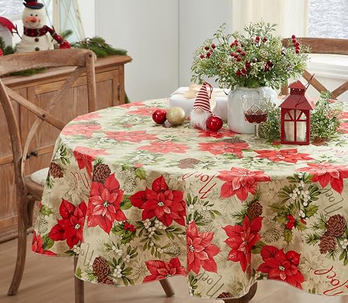 Newbridge 70 Inch Round Majestic Poinsettia Vinyl Christmas Tablecloth with Flannel Backing