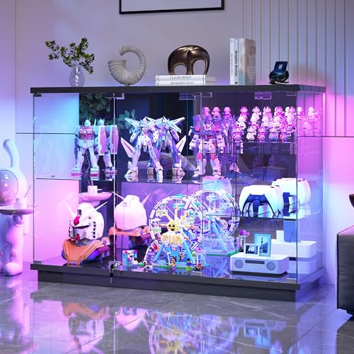 Glass Display Cabinet with RGB Lighting, Human Sensor & Lock, Black
