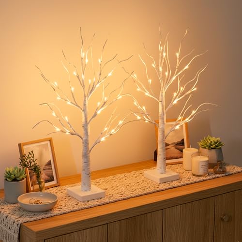 2FT Lighted Tabletop Birch Trees (2-Pack) - 24 LED Battery & USB Powered