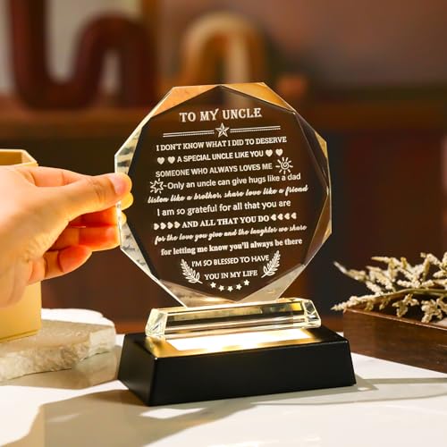Uncle Gifts Crystal Keepsake with LED Base - Colorful Light, From Niece Nephew (Style 2) - Father’s Day Birthday