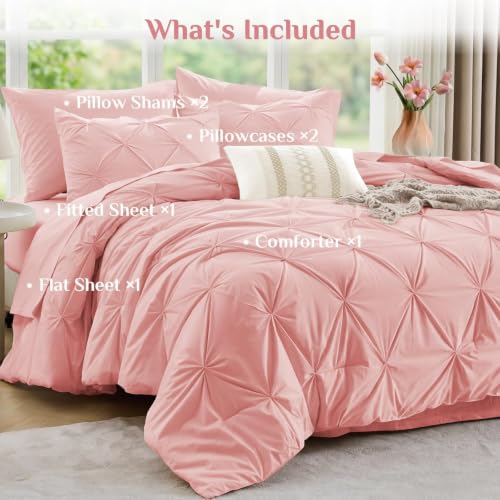 Queen Pintuck Comforter Set - 7-Piece All-Season Bed in a Bag, Pink