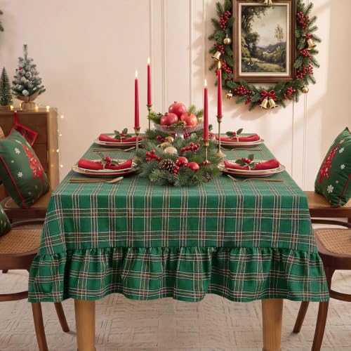 Romanstile Christmas Green Plaid Tablecloth with 6-Inch Ruffle, 60 x 120 inches