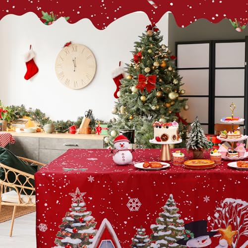 VitalCozy 72x30 Inch Christmas Rectangle Fitted Tablecloth – Winter Snowman Variation