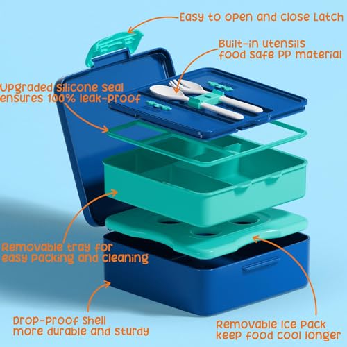 Bento Lunch Box for Kids with Built-in Ice Pack - 4 Compartment Leak Proof